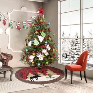 42 Inch Christmas Tree Skirt - Red and Black Grid Buffalo Check Blanket for Holi